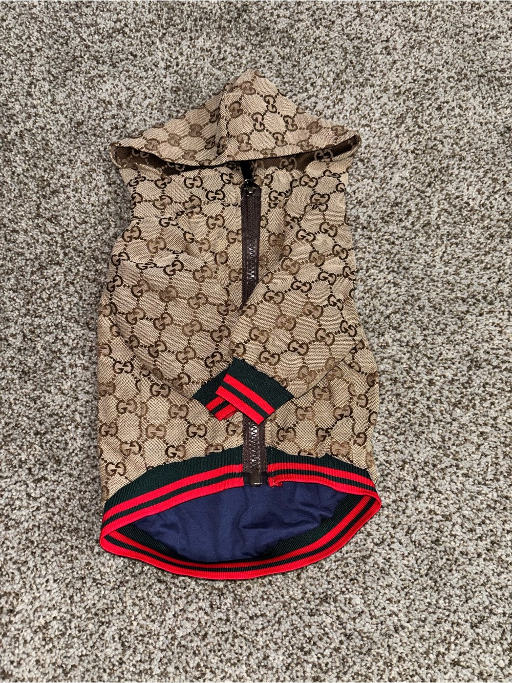 Gucci Beige/Brown Monogram Hooded Pet Sweater with Red & Green Stripes